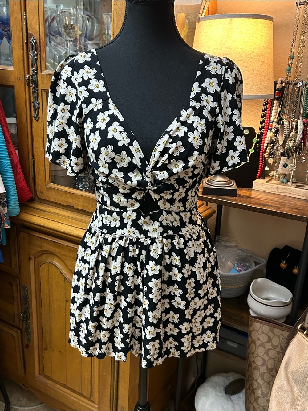 Angie Black Mini Dress with White Floral Print